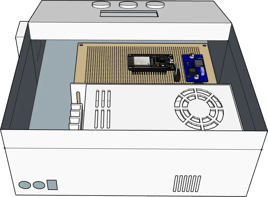 Render 3D isi casing alat: papan PCB berlubang dengan ESP32 dan modul step-down, catu daya 12 V, dan lubang ventilasi.